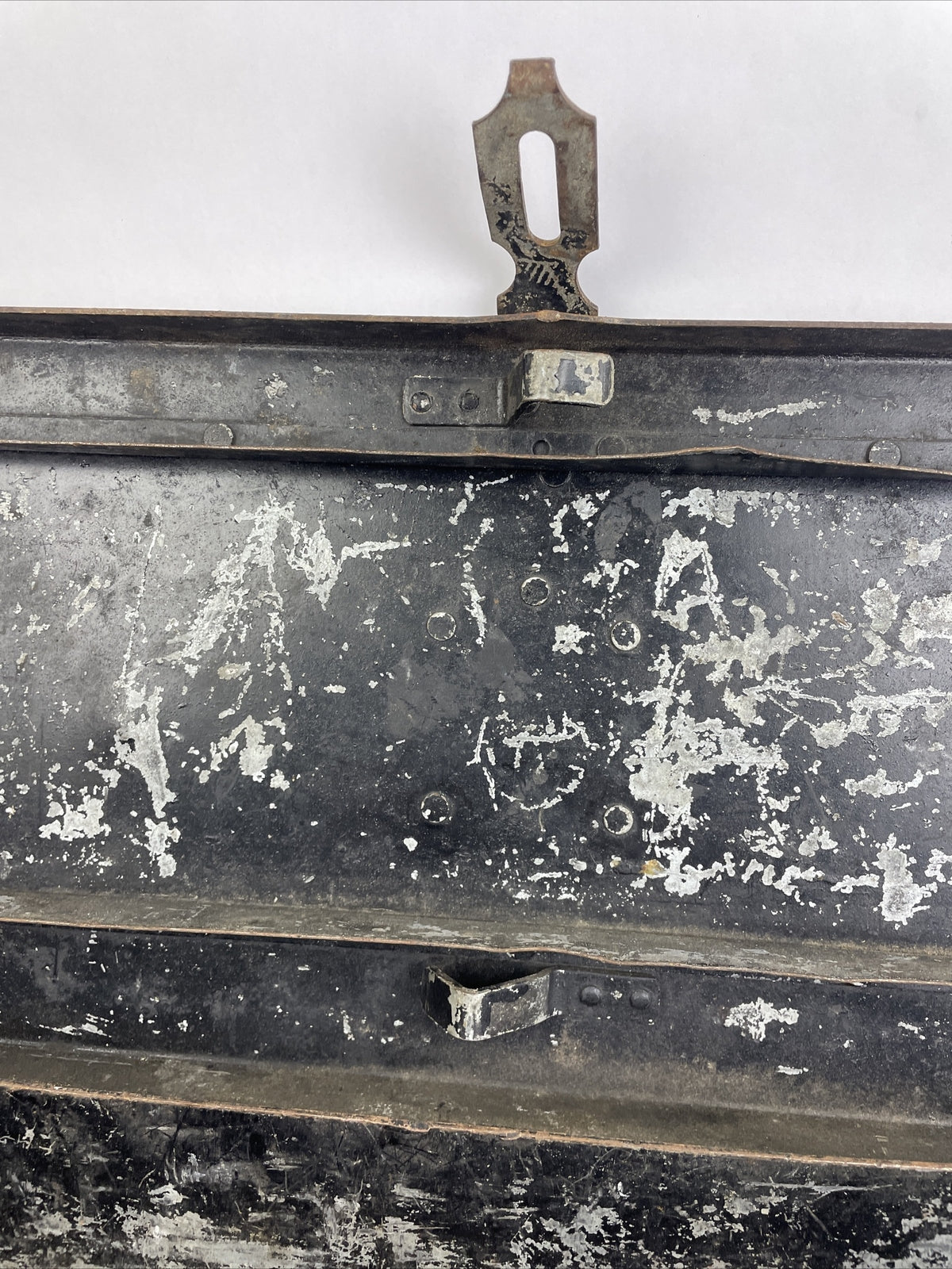 Vtg Mid-Century 1953 Military Black Metal Fishing Tackle Tool Box Embossed LOOK