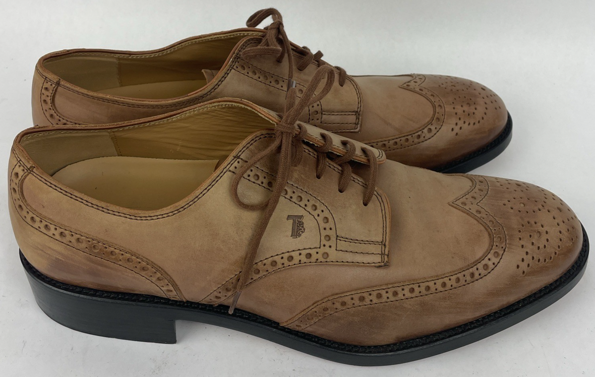 Tods Wingtip Dress Shoes Light Brown Size 10.5 Leather Soles Made in Italy VGC