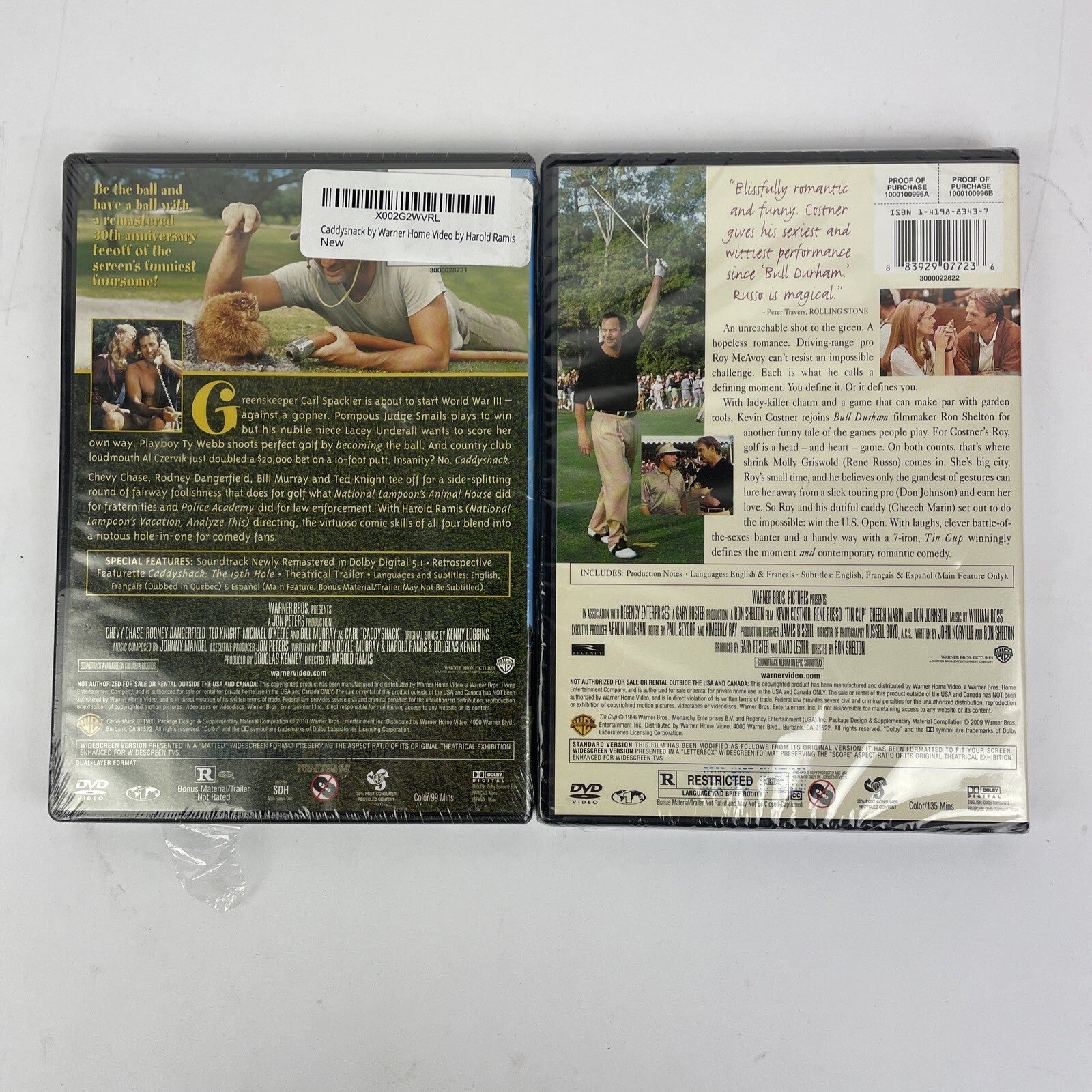 Caddyshack and Tin Cup golf DVD movie lot new Kevin Costner Rodney Dangerfield