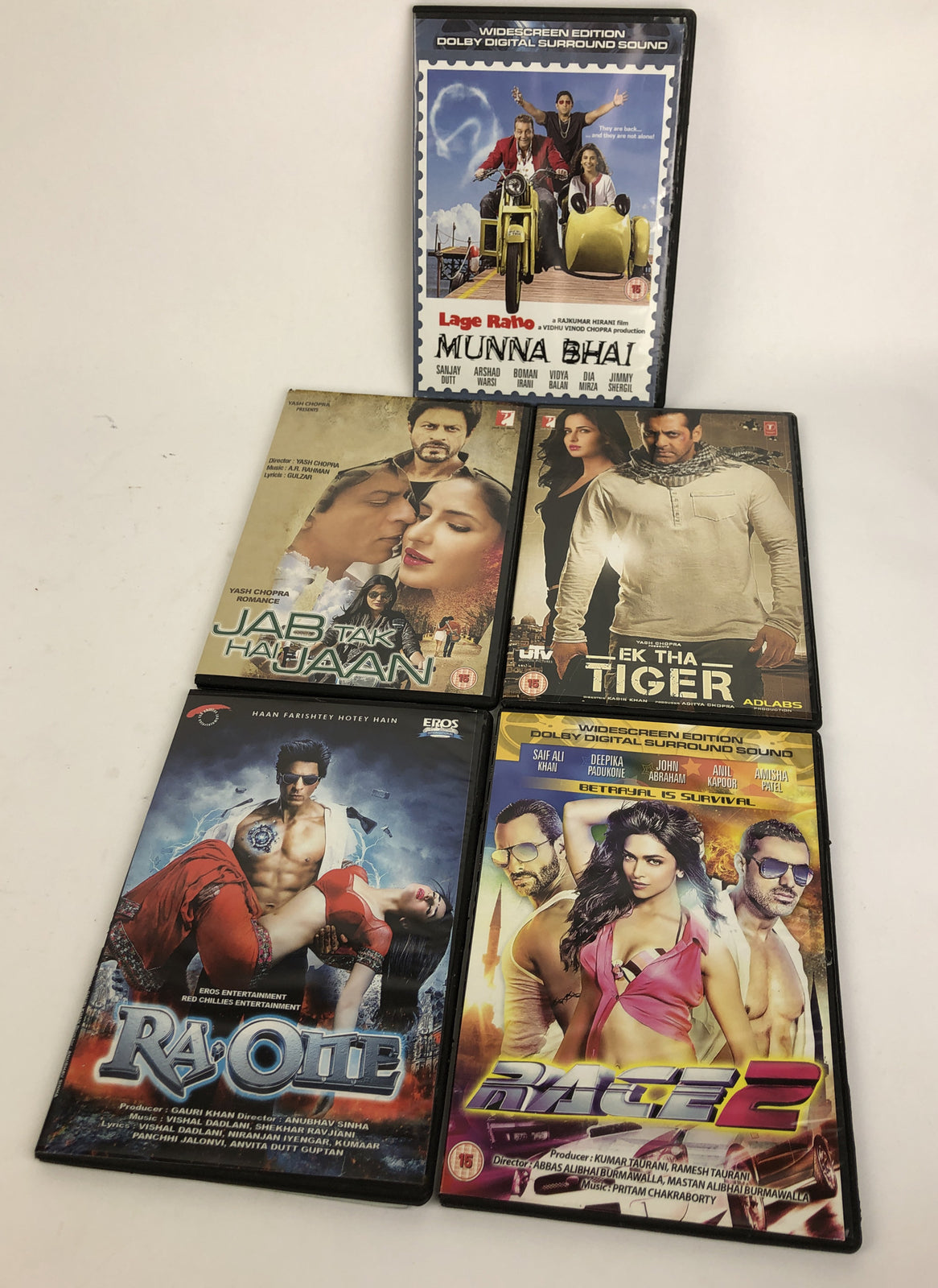 5 x BOLLYWOOD DVD Lot RA ONE, Race 2, Munna Bhai, EK THA TIGER, JAB TAK HAI JAAN