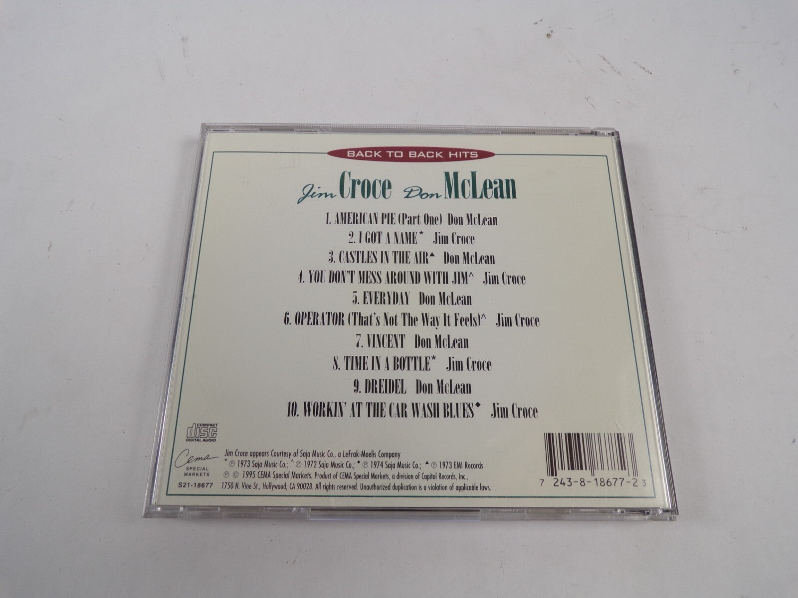 Back To Back Hits Jim Croce Don McLean American Pie I Got A Name Dreidel CD#48