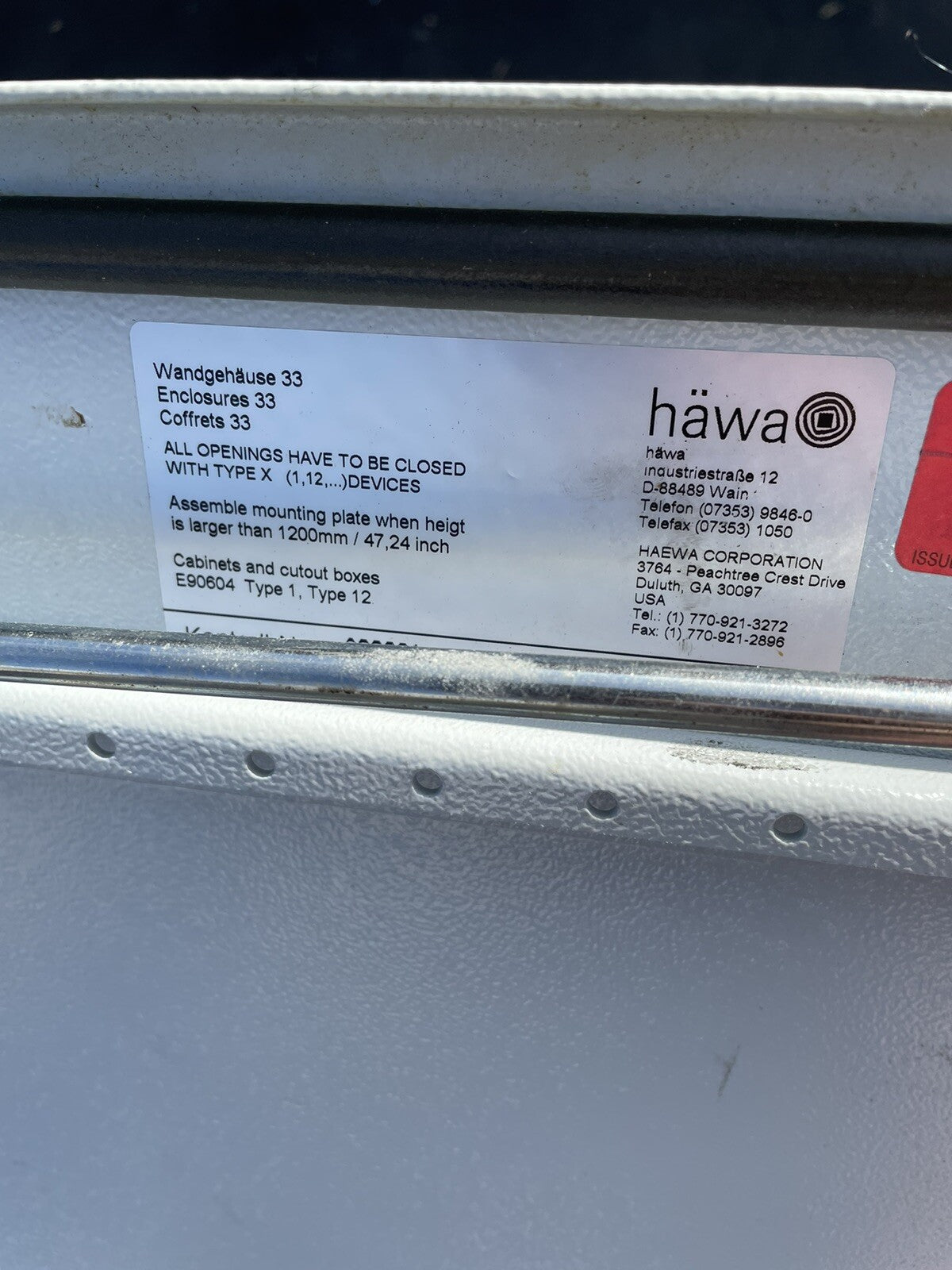 HAWA ENCLOSURE ELECTRIC CONTROL PANEL SWITCH CABINET E90604 TYPE 1 & 12