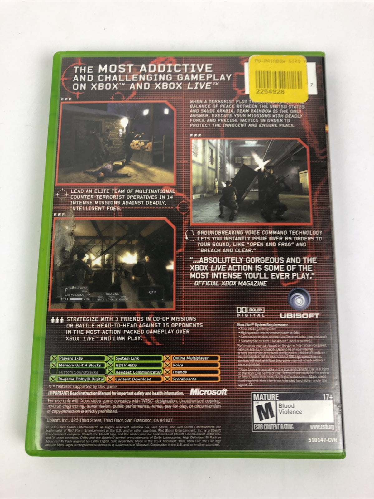 Tom Clancy's Rainbow Six 3 (Microsoft Xbox, 2003) Complete with Manual
