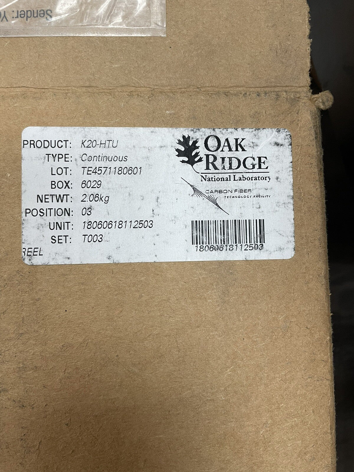 Oak Ridge Carbon Fiber 2.06 KG - 4.54 lbs. Roll Tow Forged Yarn Filament K20-HTU