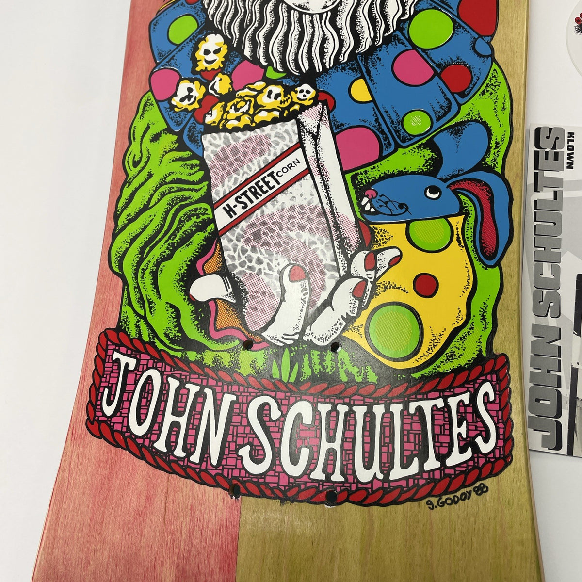 H-Street John Schultes A Series Clown skateboard deck #04 of 136 pink green blue veneer