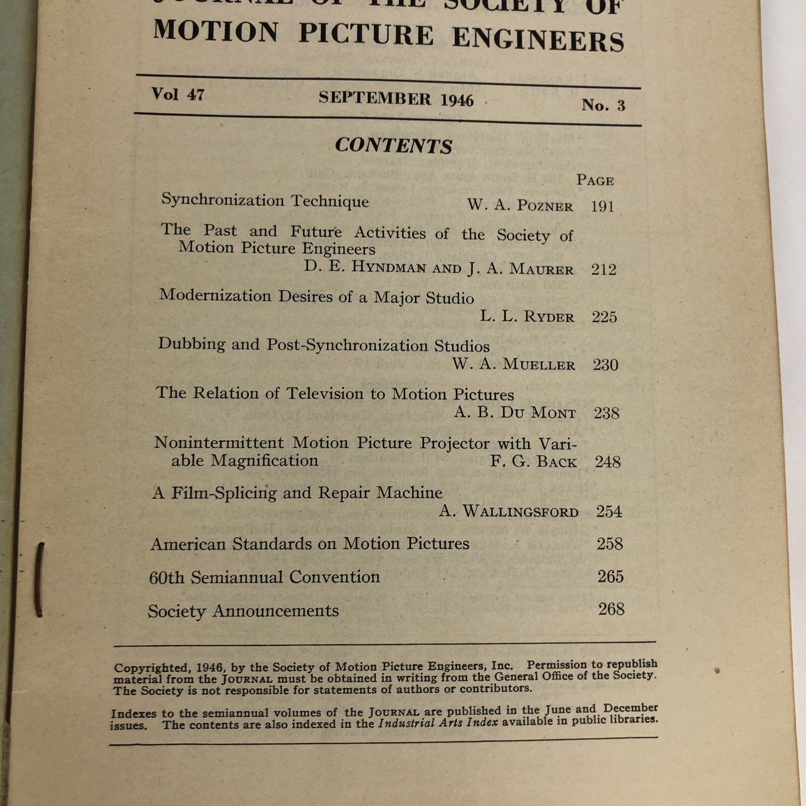 SMPE Journal Of The Society Of Motion Picture Engineers September 1946 VOL 47