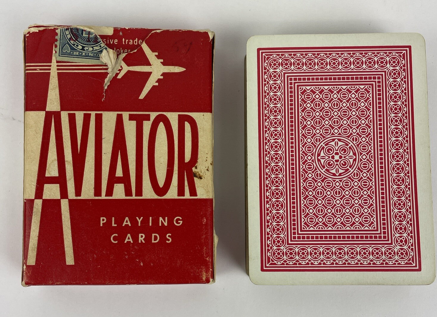 Vintage Aviator Playing Cards Deck Red White Box no. 914 Partial Tax Stamp - USA