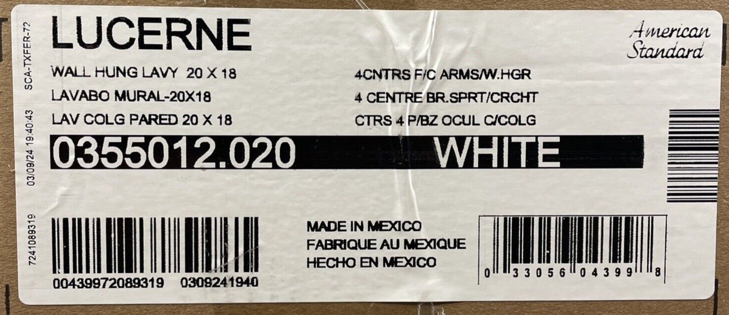 NEW American Standard 0355.012 Lucerne 20-1/2" Wall Mounted Porcelain White Sink