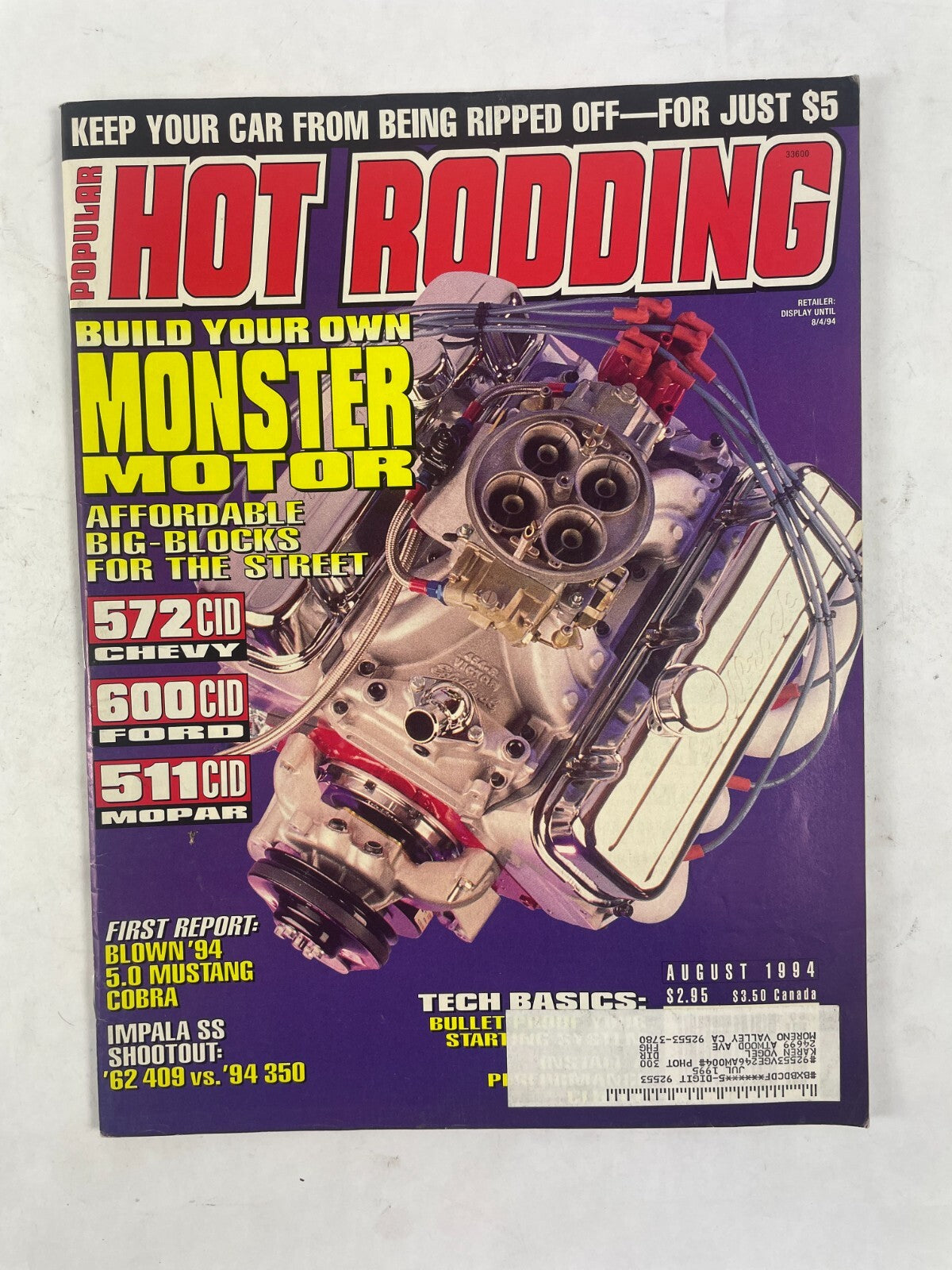 August 1994 Hot Rodding Magazine Build Your Own Monster Motor Affordable Big-Blo