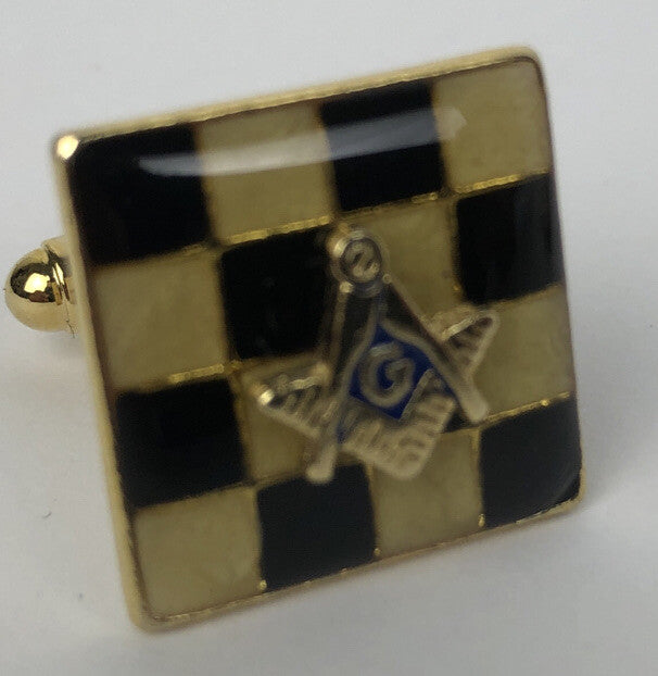 Vintage Checker Board Freemason Masonic Square & Compass Cufflinks In Gold Tone