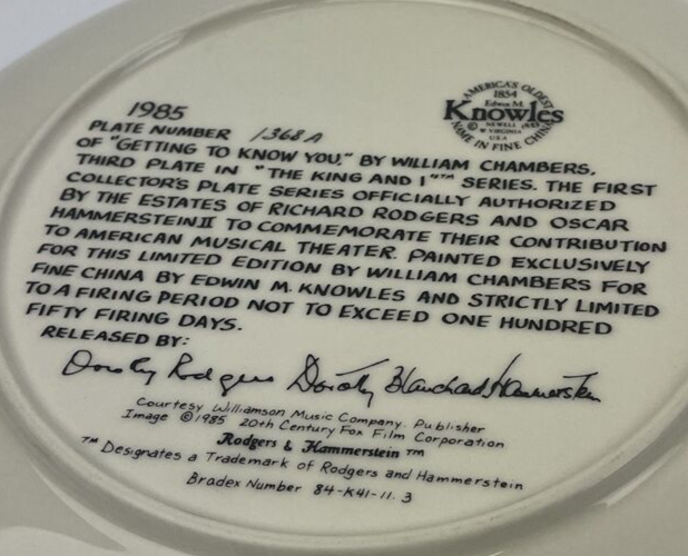 Collector Dish Plate " GETTING TO KNOW YOU"- BY W. CHAMBER THE KING AND I SERIES