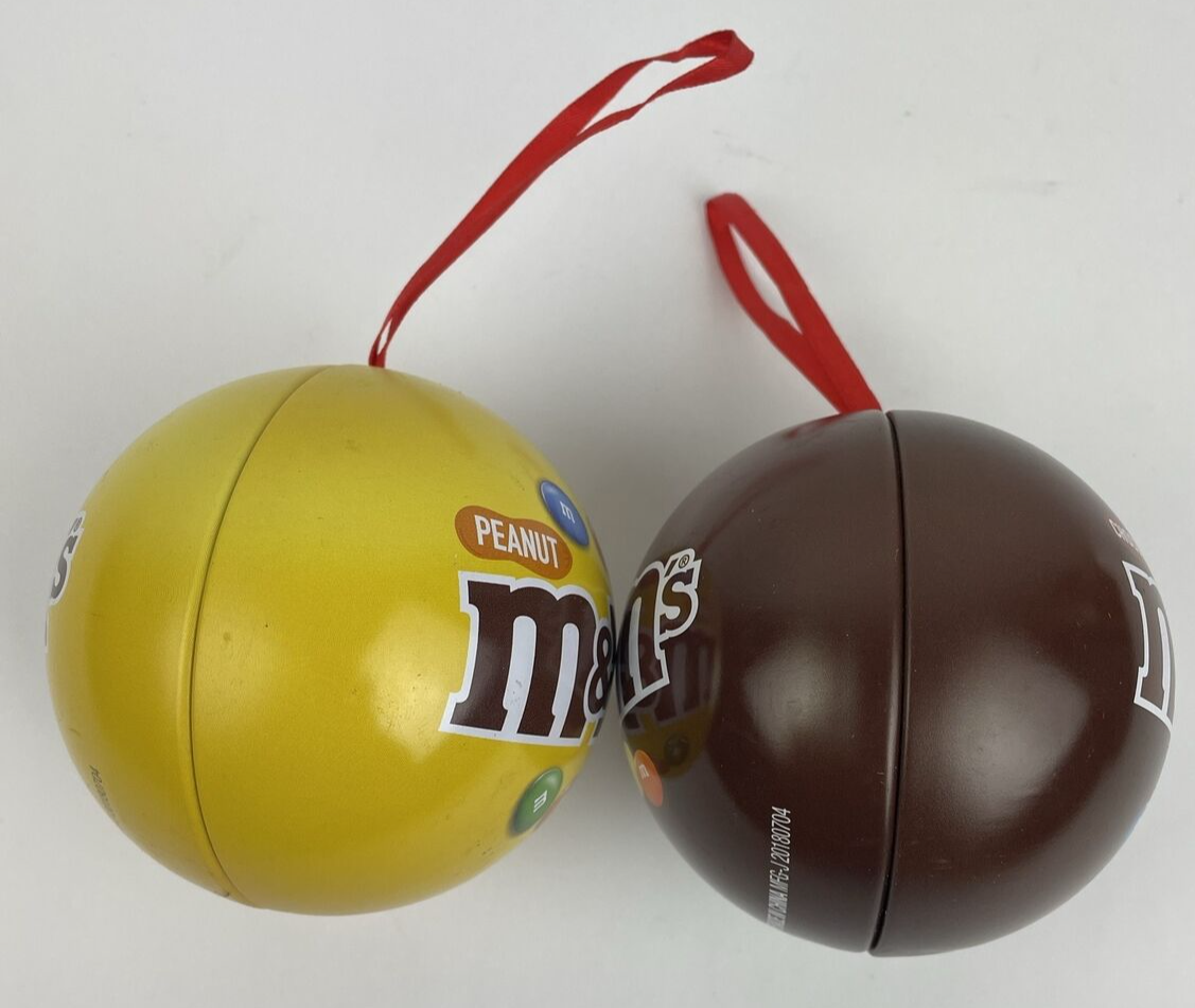 Lot of 2 x M&M Chocolate & Peanut METAL BALL CHRISTMAS ORNAMENT Empty -Rare Find