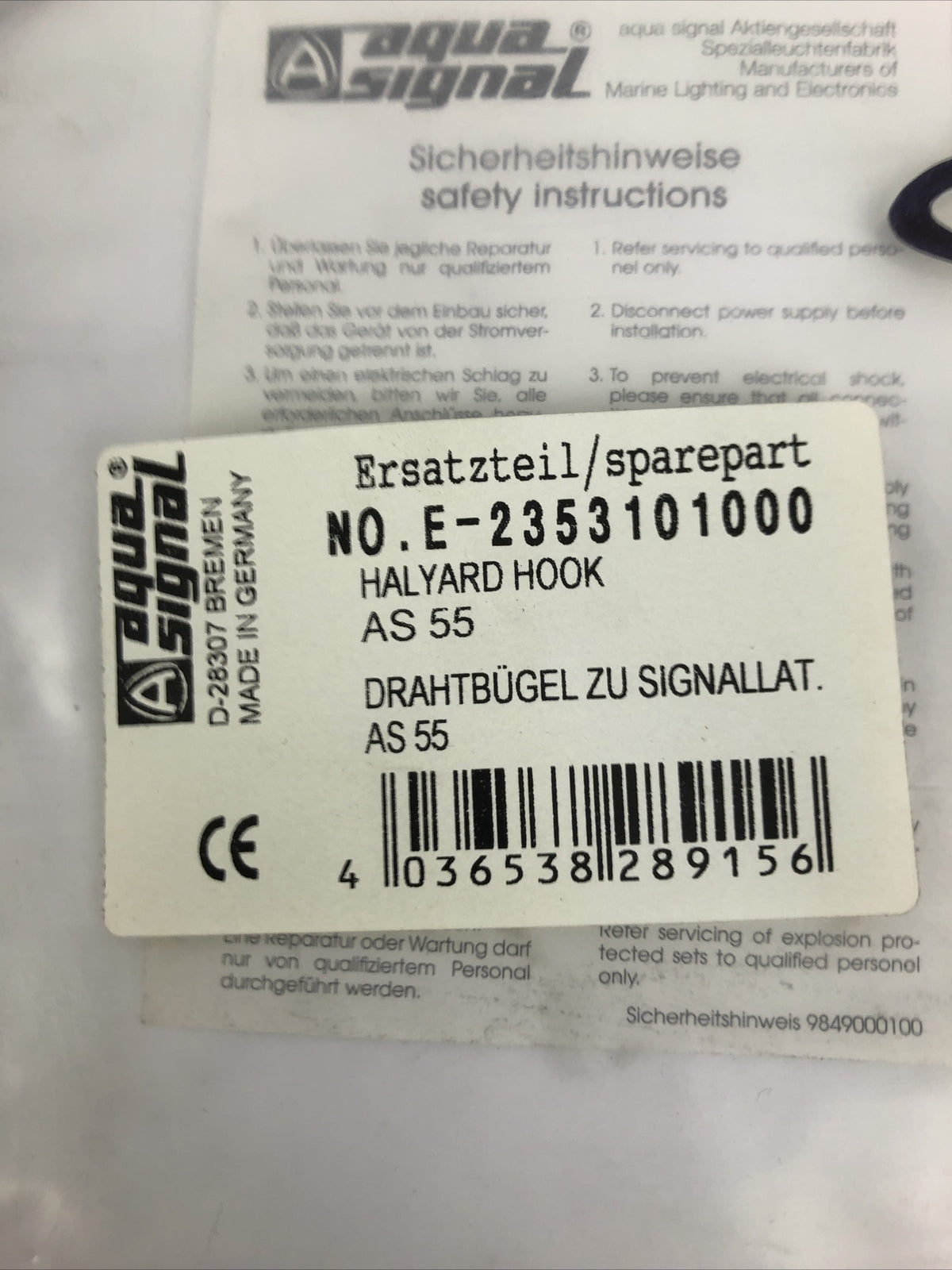 Aqua Signal Prehot Bar HALYARD HOOK for Series AS55 2353101000 Made in Germany