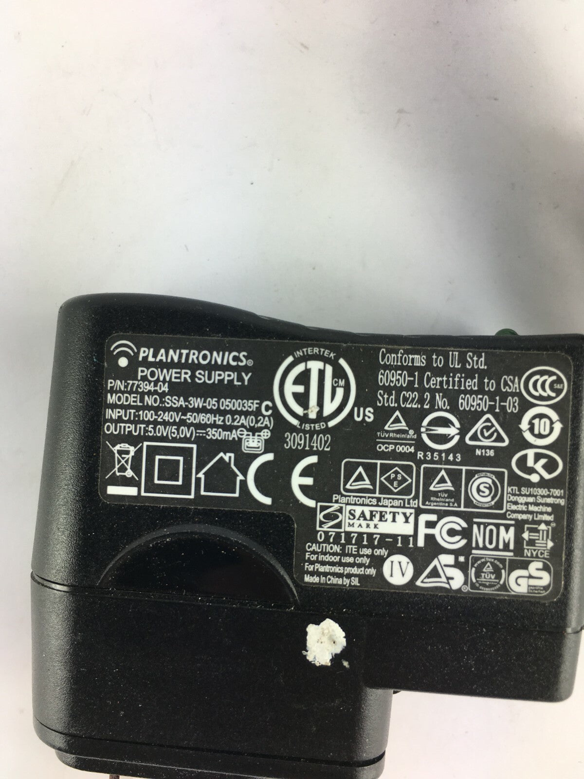 Genuine Plantronics SSA-3W-05 05003 Output 5V 350mA Power Supply Adapter A22