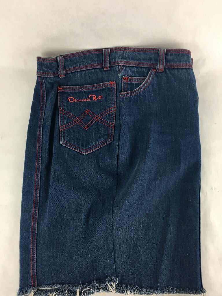 Oscar De La Renta Womens A Line Denim Skirt Blue Zipper Fly Pockets Fringes 12