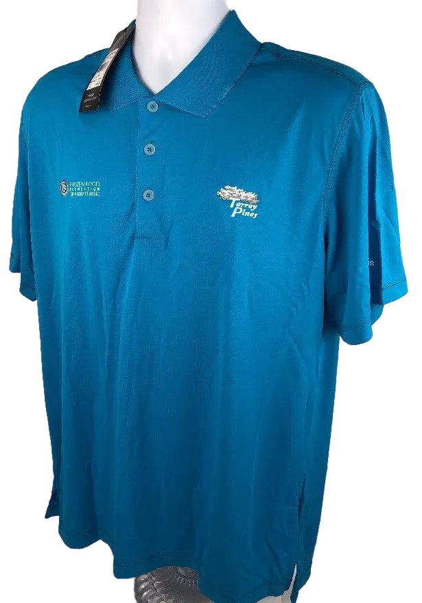 Adidas 0355 Puremotion teal golf polo shirt with Torrey Pines branding in men's large