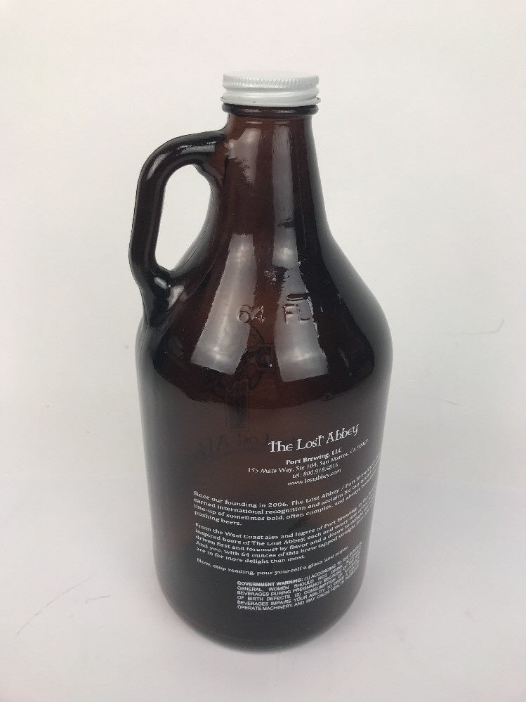 The Lost Abbey Brewing San Marcos 64 oz amber glass beer growler with cap.