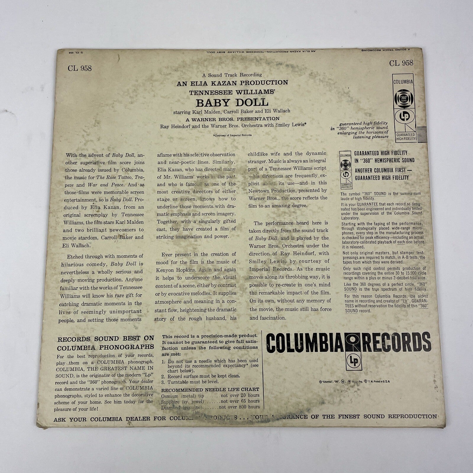 Tennessee Williams " Baby Dol " Soundtrack a Warner Bros. Prod. LP Vinyl Record