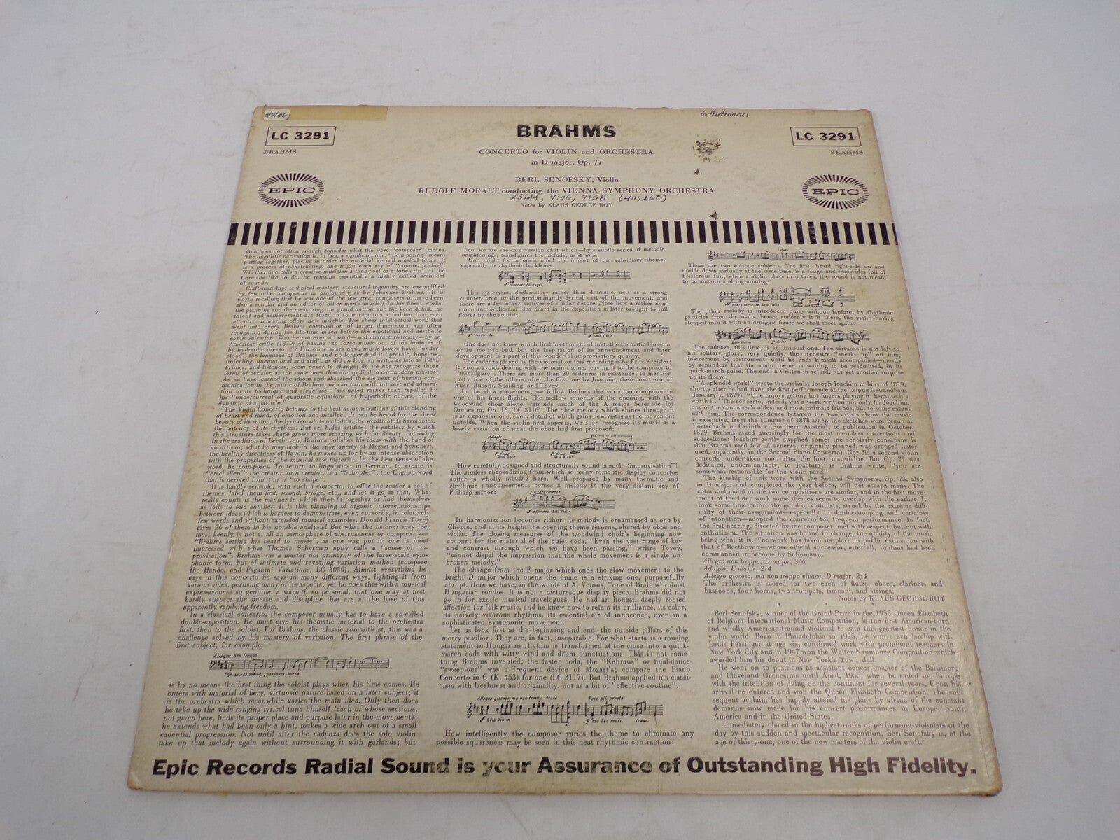 Berl Senofsky Rudolf Moralt Brahms Vienna Symphony Orchestra Vinyl Record