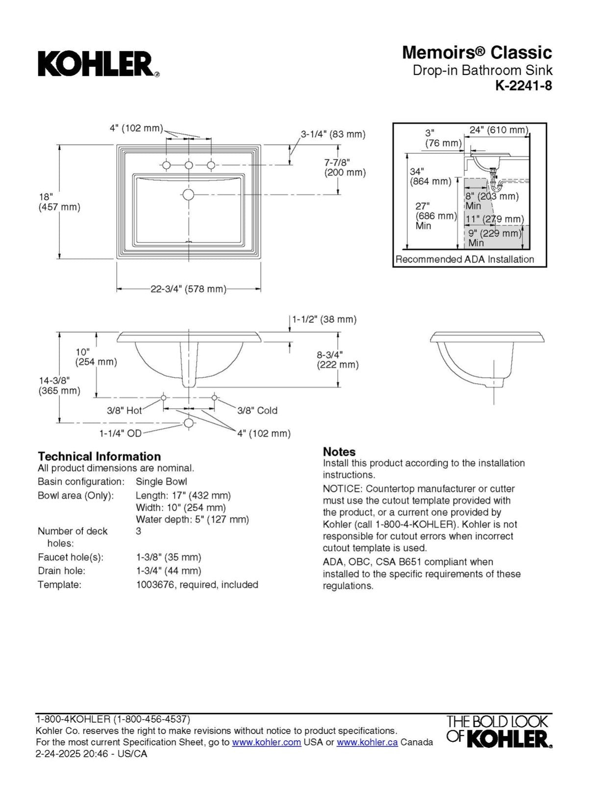 Kohler Memoirs white drop-in rectangular bathroom sink
