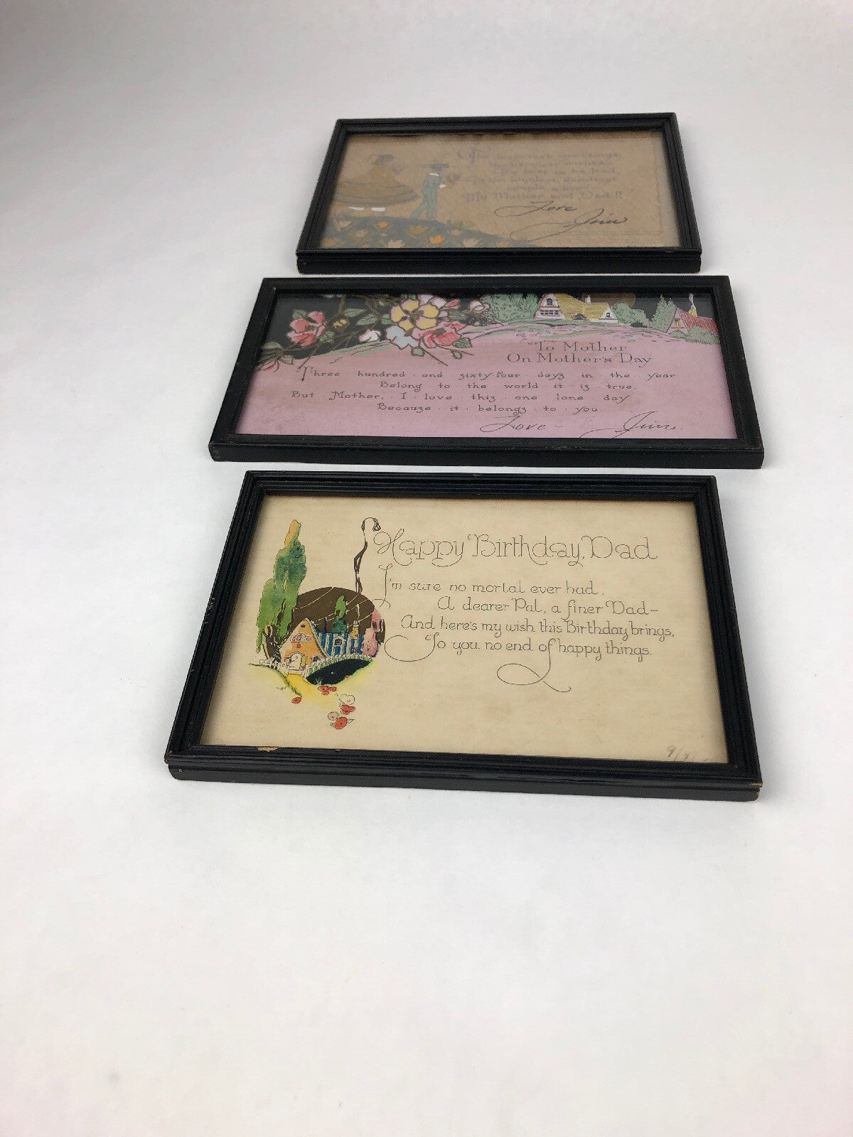 3 Vintage 1930’s American Folk Art Greeting Card Picture Framed RARE Anniversary