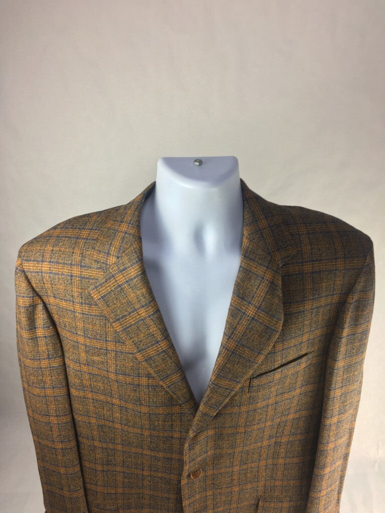 Faconnable Mens Suit Jacket Brown Plaid Lined Notch Lapel Pockets Virgin Wool 54