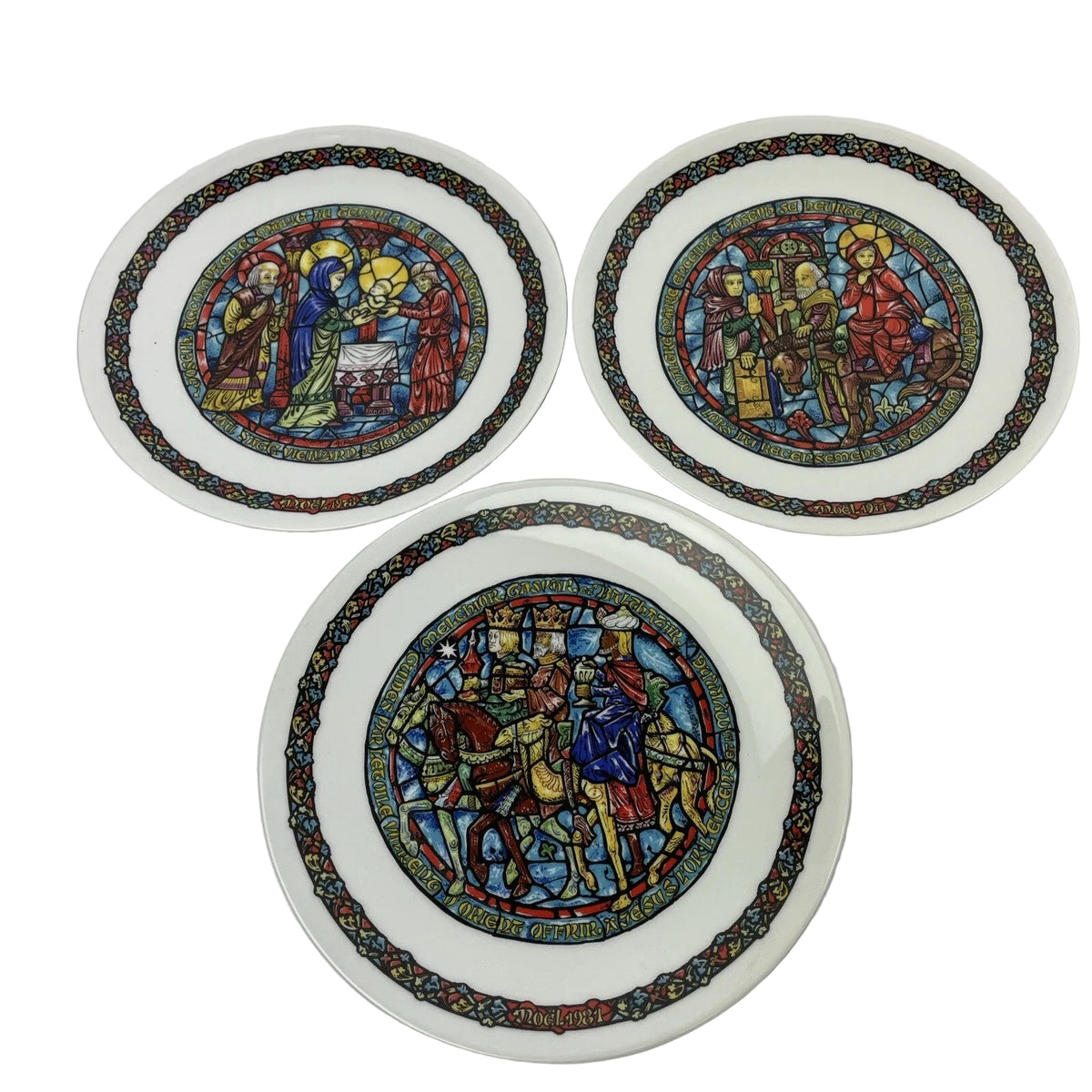 Set of 3 x Vintage D'arceau Limoges Noel Vitrail Christmas Plates Wall Hanging