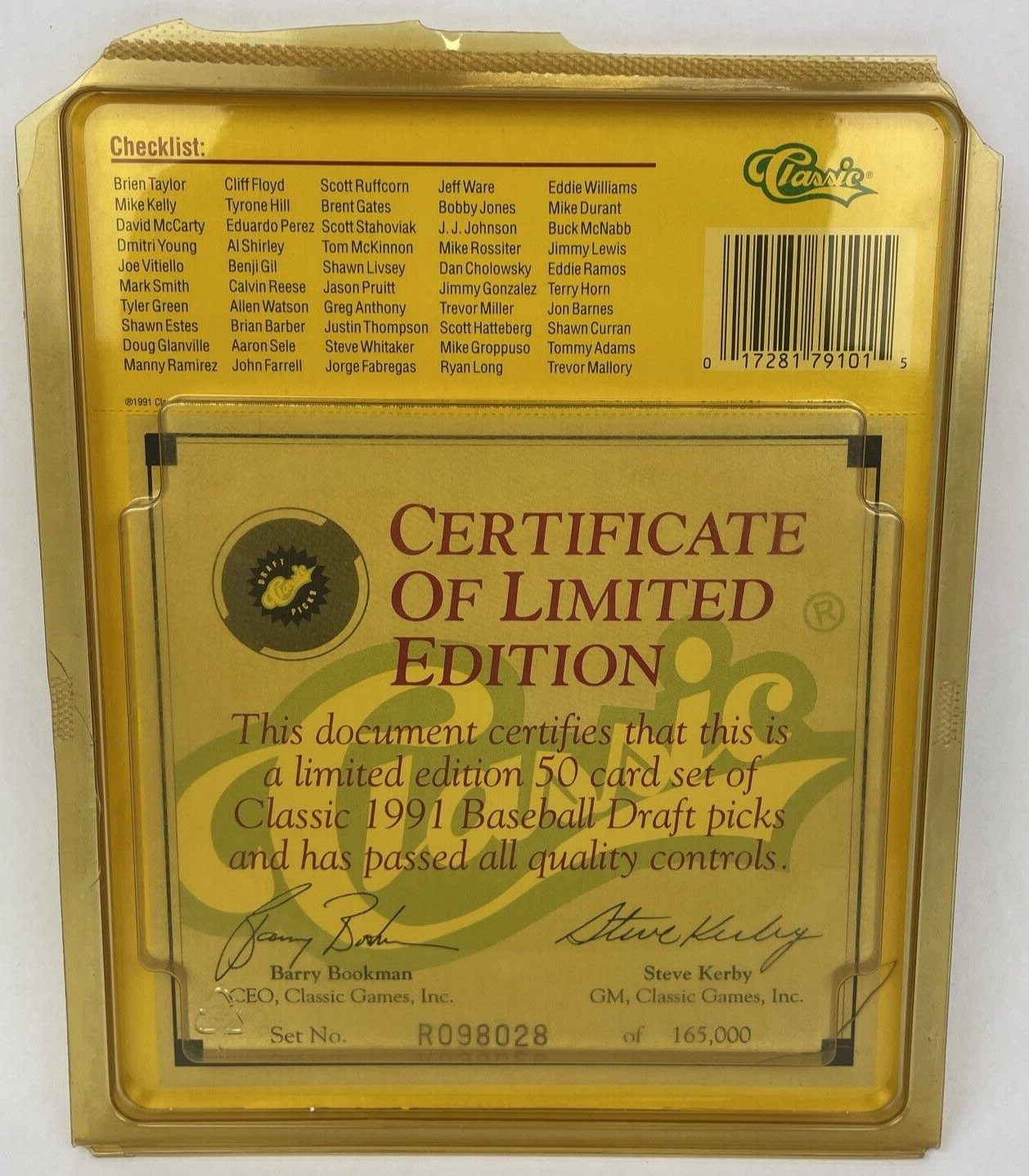1991 Classic Draft Picks Baseball Factory Sealed with Certificate of Limited Ed