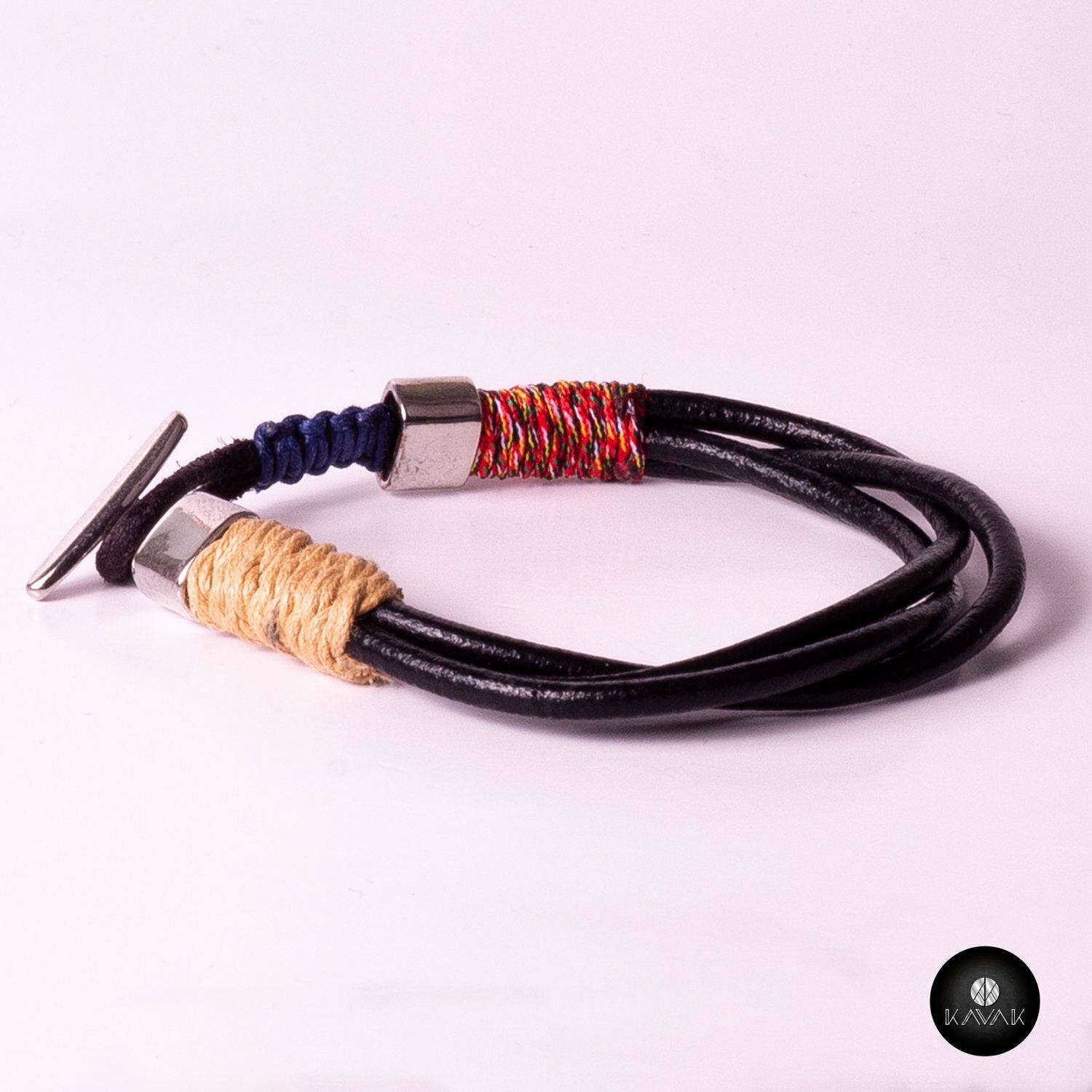 Kavak - Handmade Braided Leather Cords (Blue-White) Adjustable Men's Bracelet