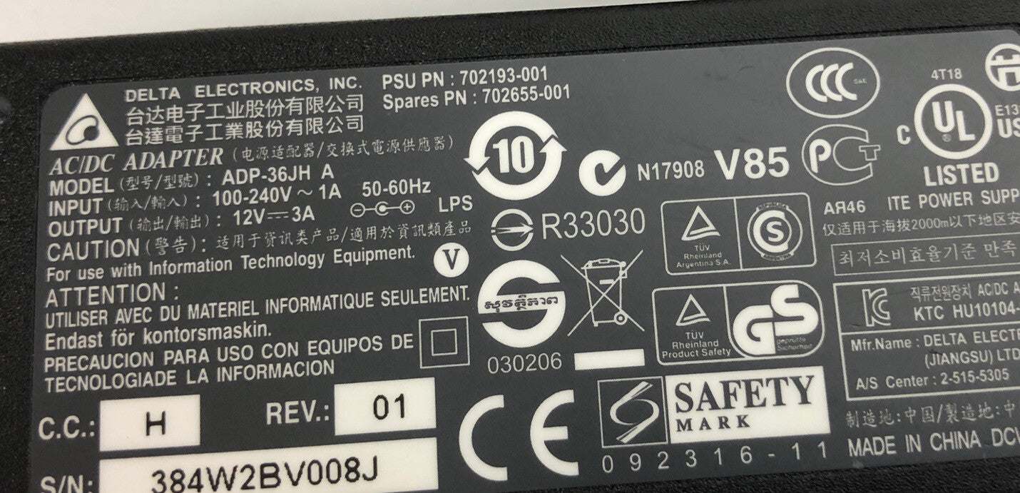 OEM Delta AC/DC Power Supply Adapter with Power Cord ADP-36JH B 12V 3A 36W A18