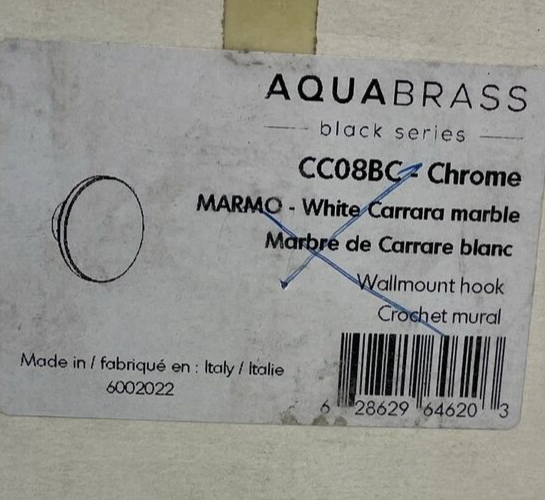 OEM Aquabrass Marmo Shower Towel Hook CC08BC Chrome w Carrara Marble