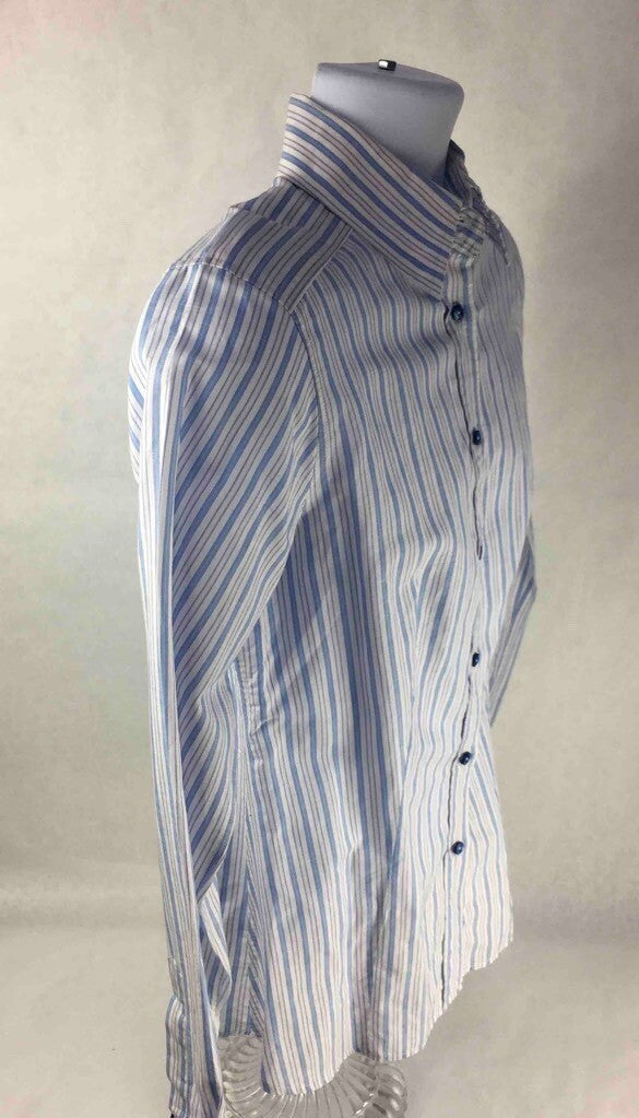Etro Milano Button-Front Shirt White Blue Striped Long Barrel Cuffed Sleeves 44