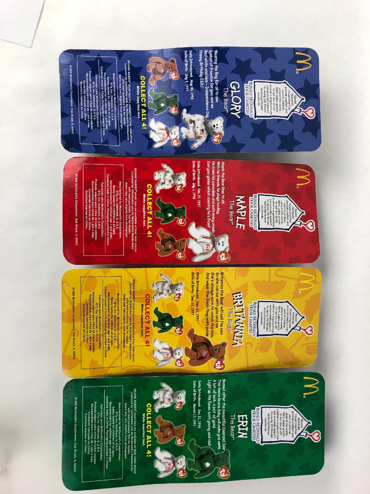 Ty 1999 McDonalds TBB International Bears 4 pc set Glory Britania Erin & Maple