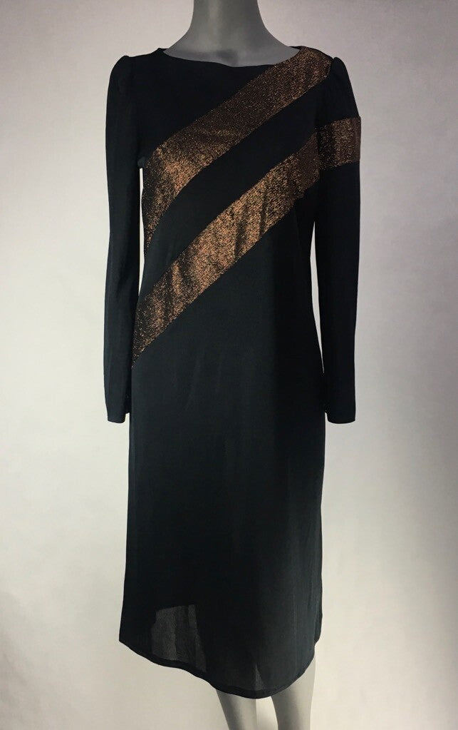 Visionz Womens Shift Dress Black Gold Stripe Midi Long Sleeve Vintage 1980's 5/6
