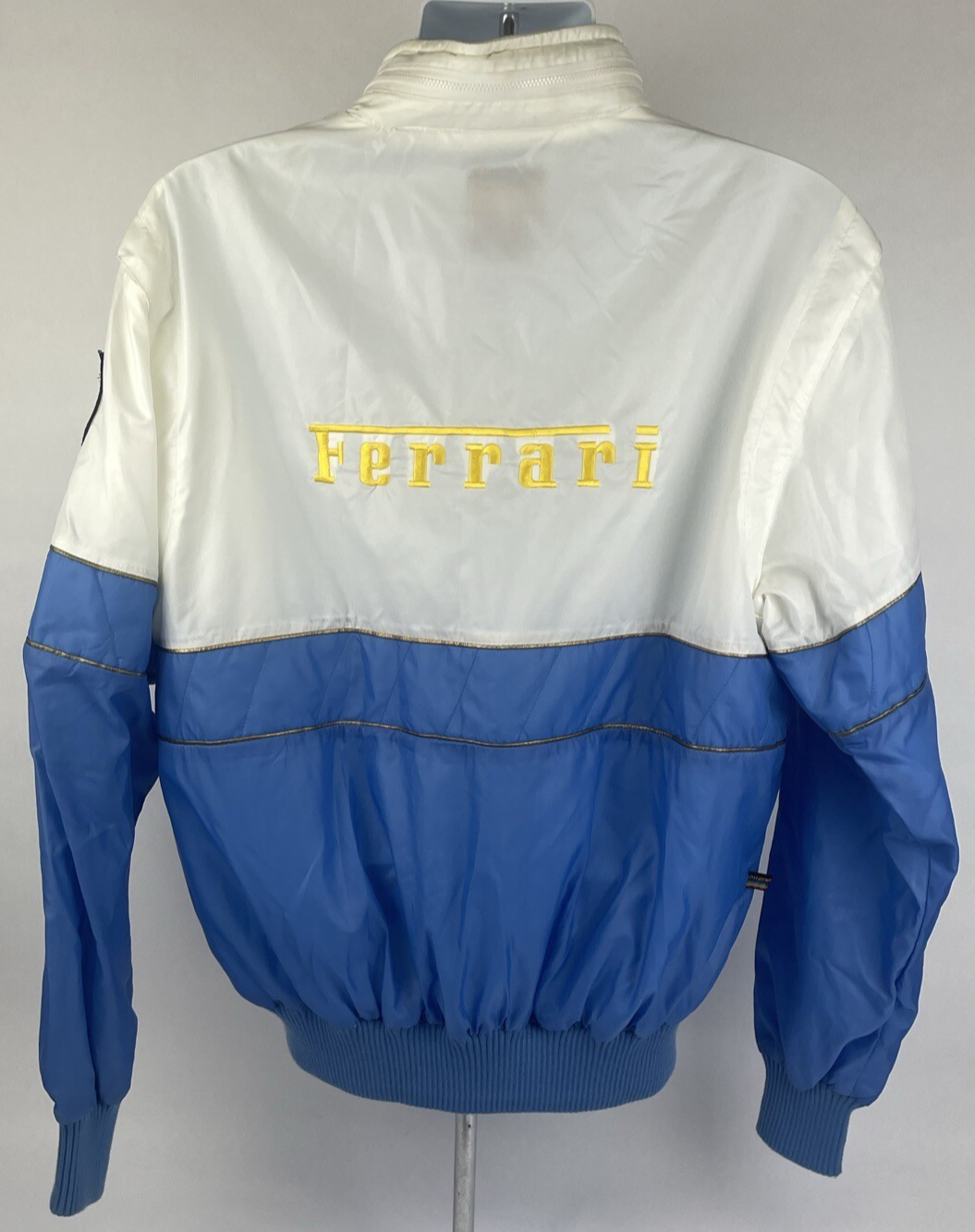 Vintage Style Auto Ferrari Racing Jacket Mens Medium Satin Baby Blue White VGC
