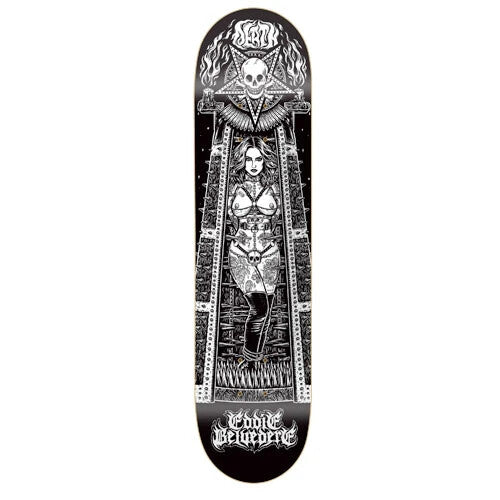Death Skateboards Eddie Belvedere Maiden Pro 8.5-inch skateboard deck with grip tape and signature Maiden graphic.