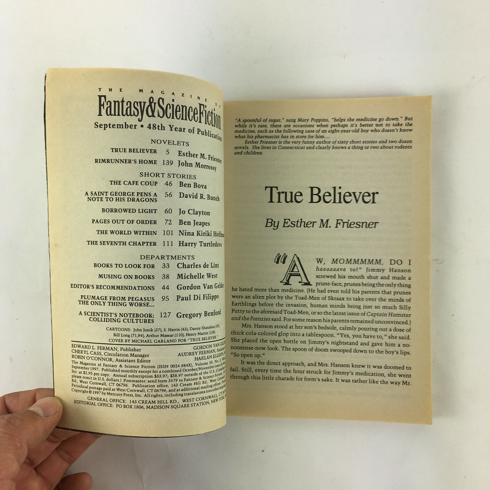 September Fantasy&Science Fiction Magazine True Believer Esther Friesner BenBova