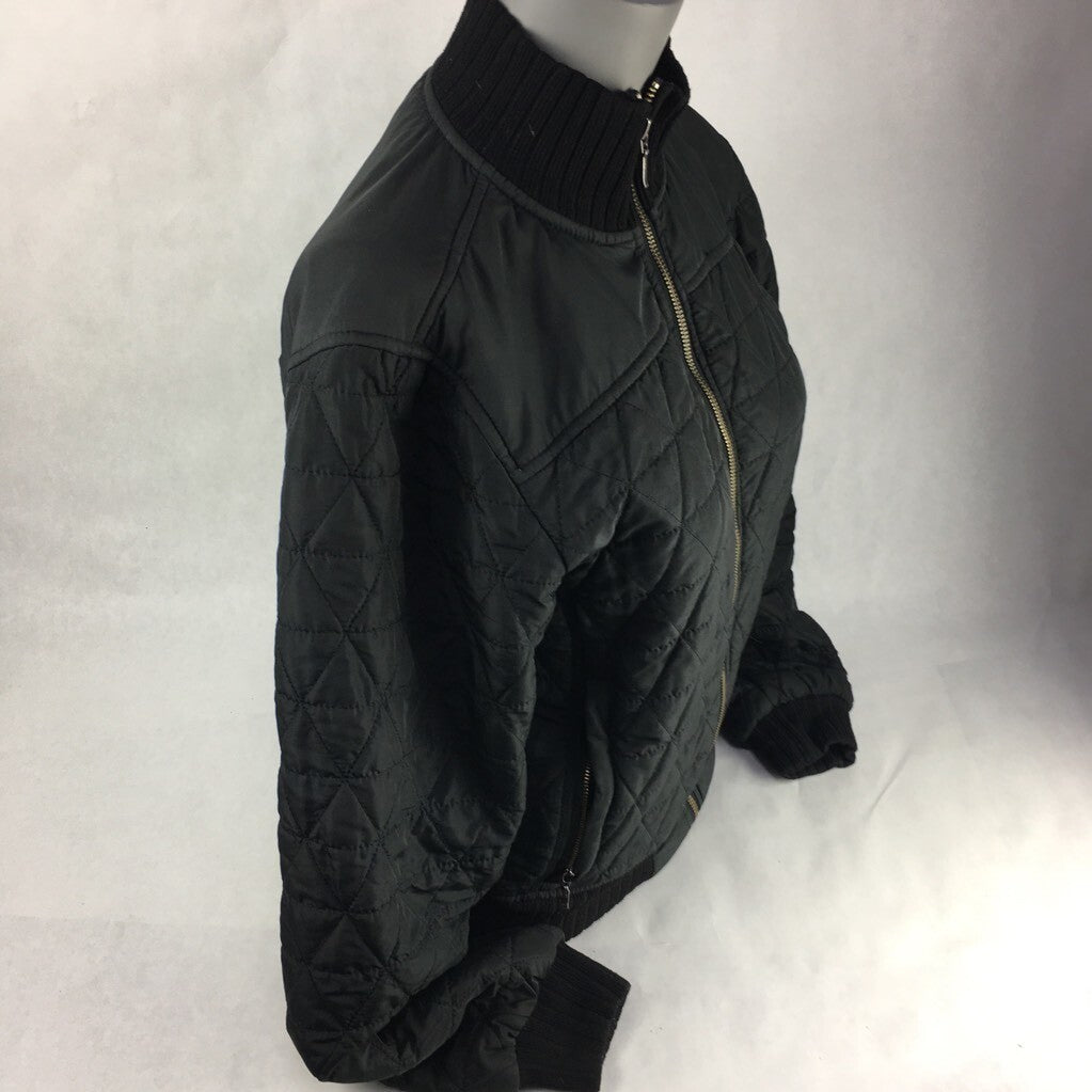 Prana Womens Quilted Jacket Black Zip Up Breathe Ribbed Moc Neck Stretch XS