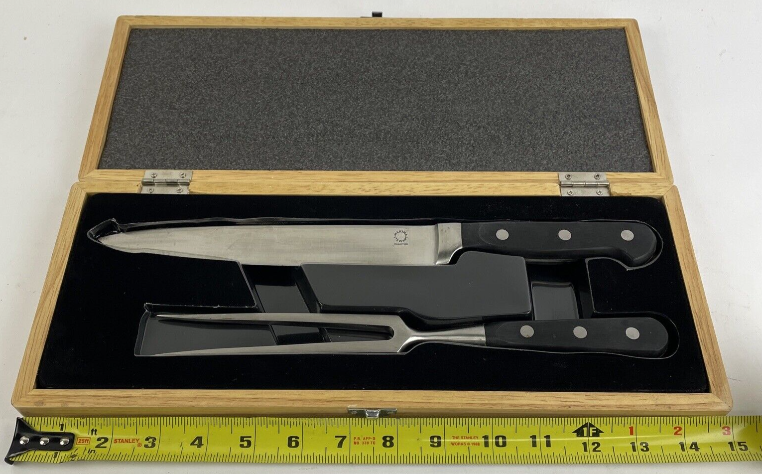 Martha Stewart 2 pc set with 8" Santoku Knife & Carving Fork w Wood Case - LOOK