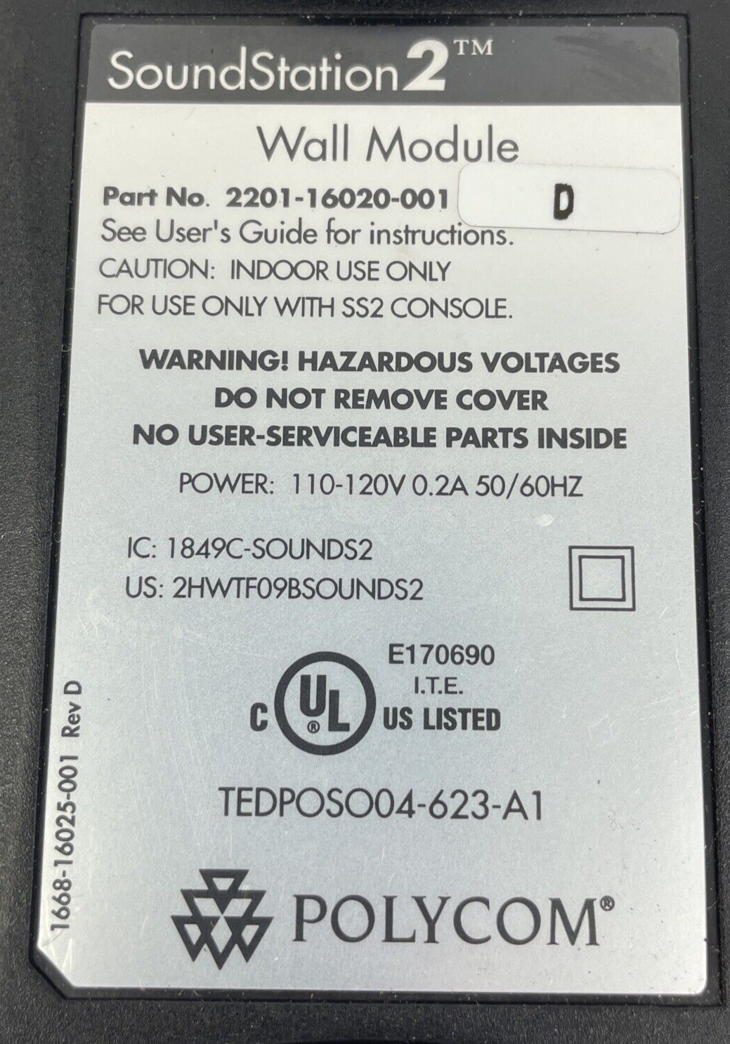 Polycom Model 2201-16020-601 SoundStation 2 Power Supply F Wall Module - LOOK