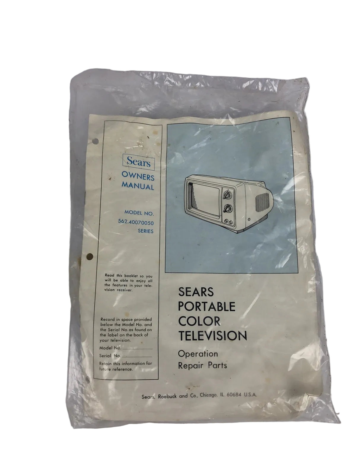 Vintage Sears Portable Color Television TV Model 562.40070050 OPERATING MANUAL