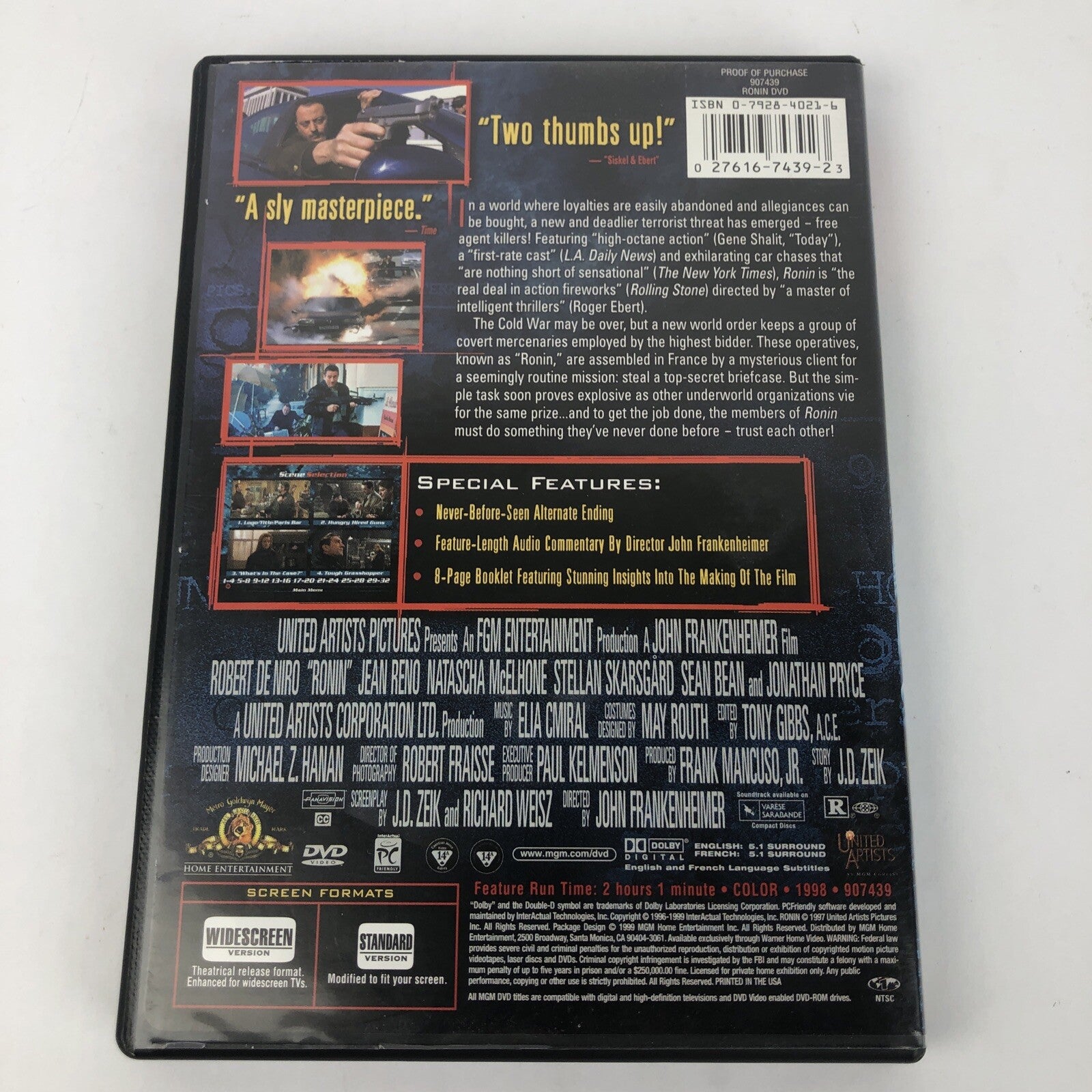 Ronin (DVD, 1998, Full & Widescreen Editions) "A Sly Masterpiece!" Mint Disc