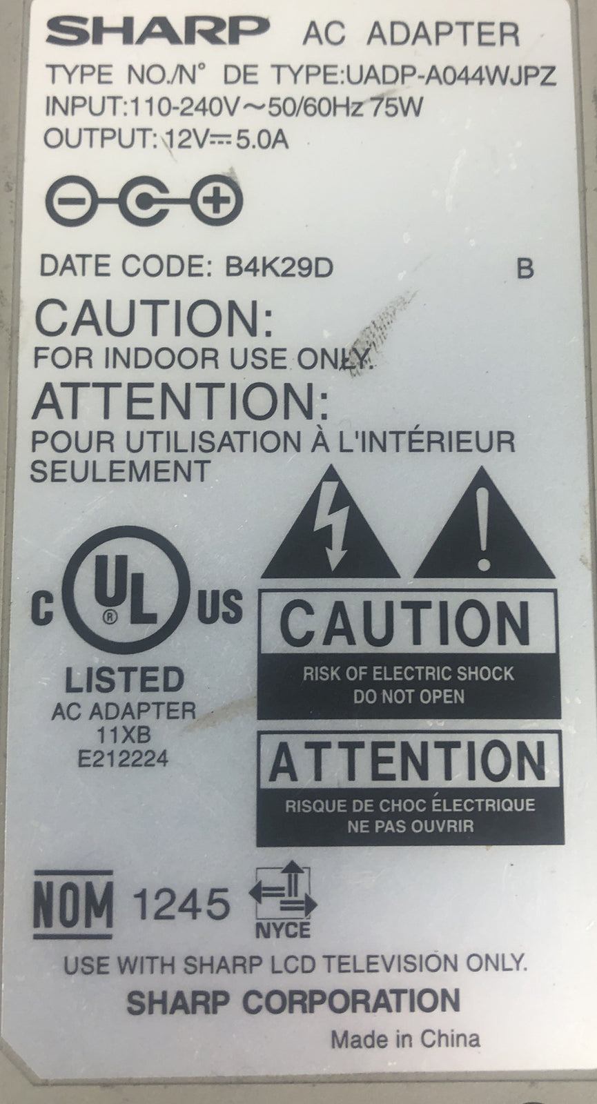 SHARP OEM UADP-A044WJPZ AC Power Adapter 12V - 5.0A for LC-20S1U LC-20S2U-S A28