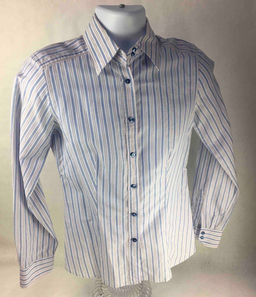 Etro Milano Button-Front Shirt White Blue Striped Long Barrel Cuffed Sleeves 44