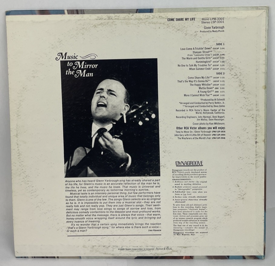 GLENN YARBROUGH - COME SHARE MY LIFE 1965 US 12-TRACK STEREO VINYL LP RECORD
