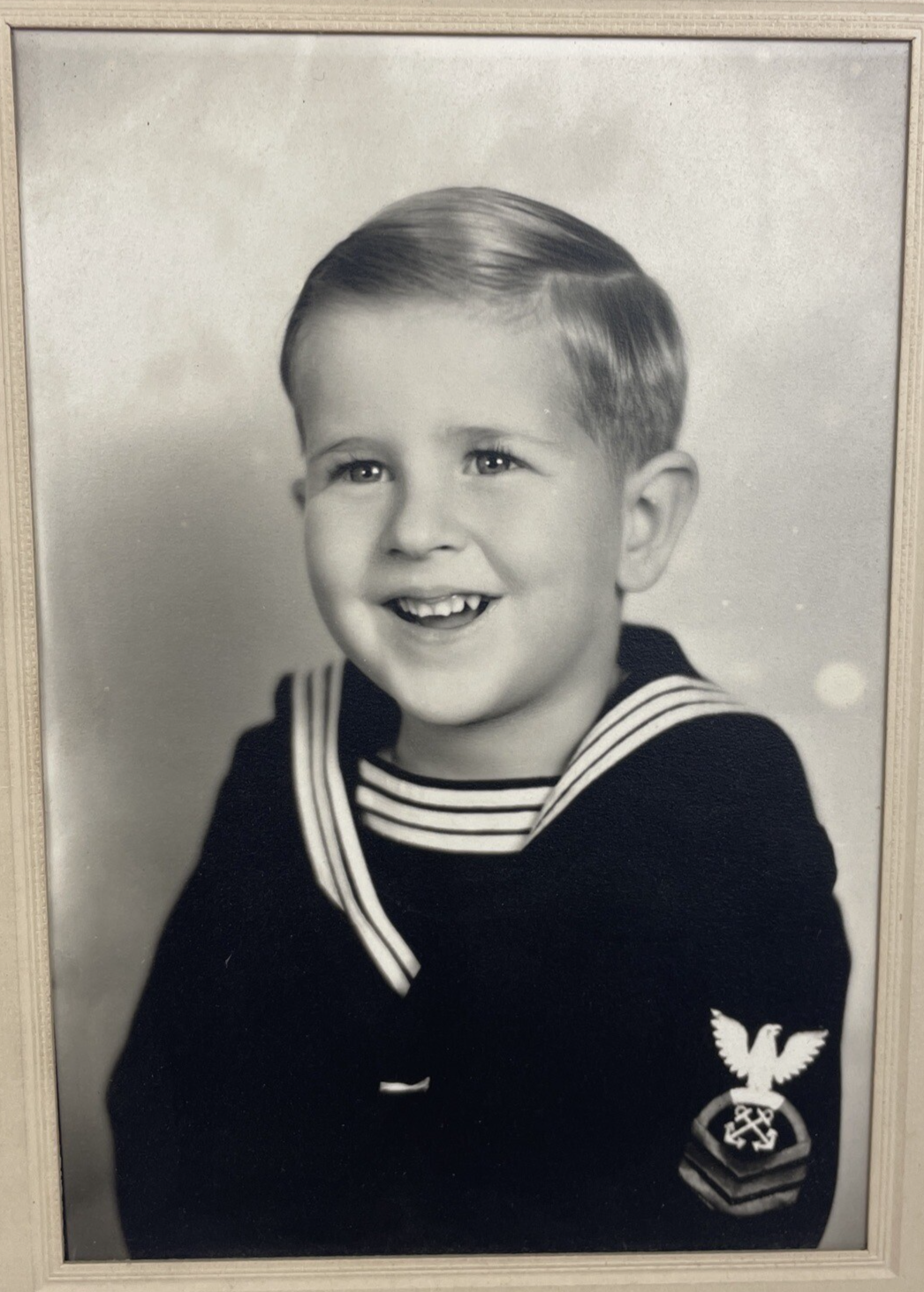 Vintage Antique Portrait Photo Little Sailor Boy 6.5" x 4.5" In Frame Card B&W