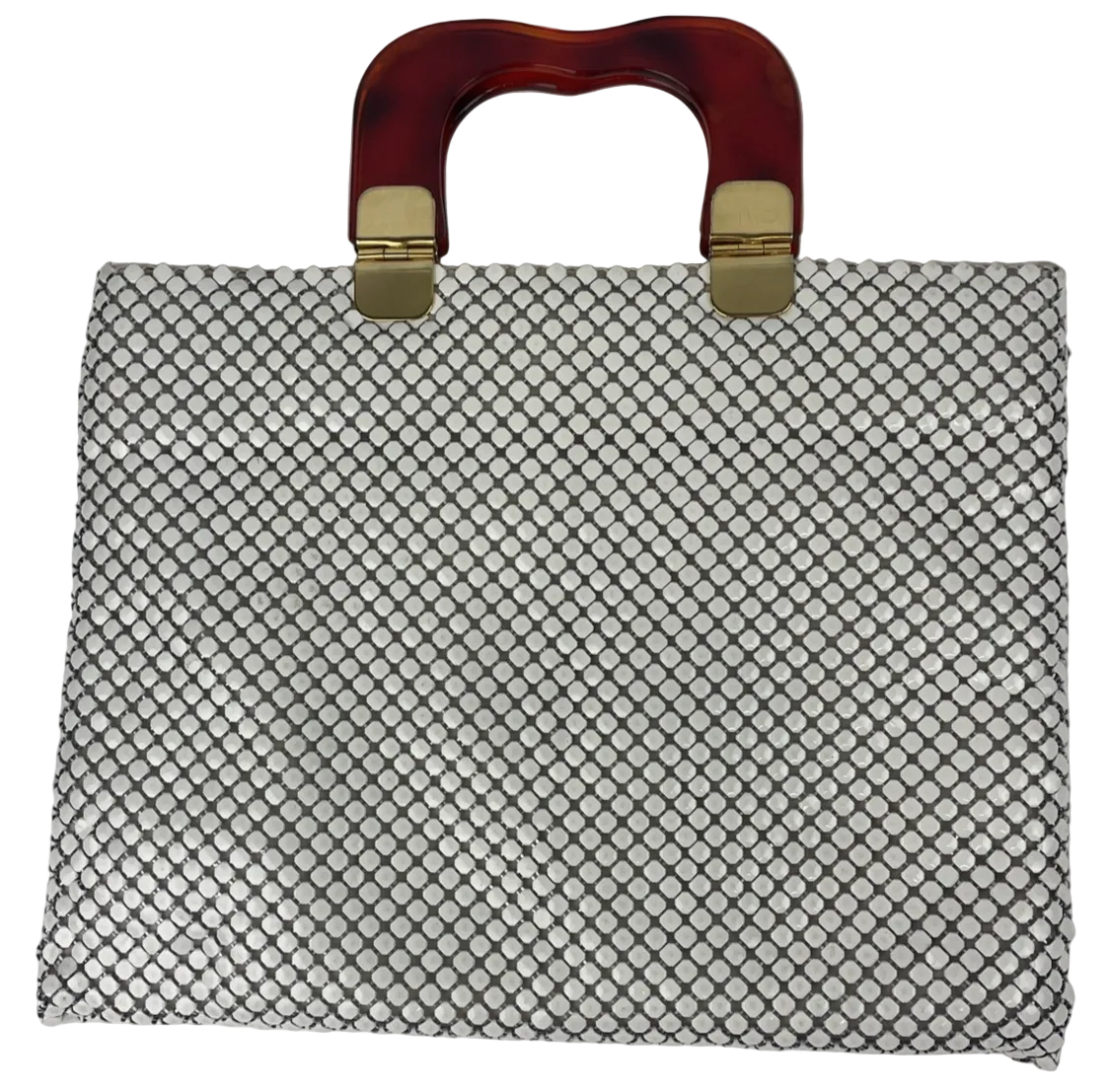 Vintage White Aluminum Metal Mesh Purse W/ Lucite Amber Handles Magnetic Closure