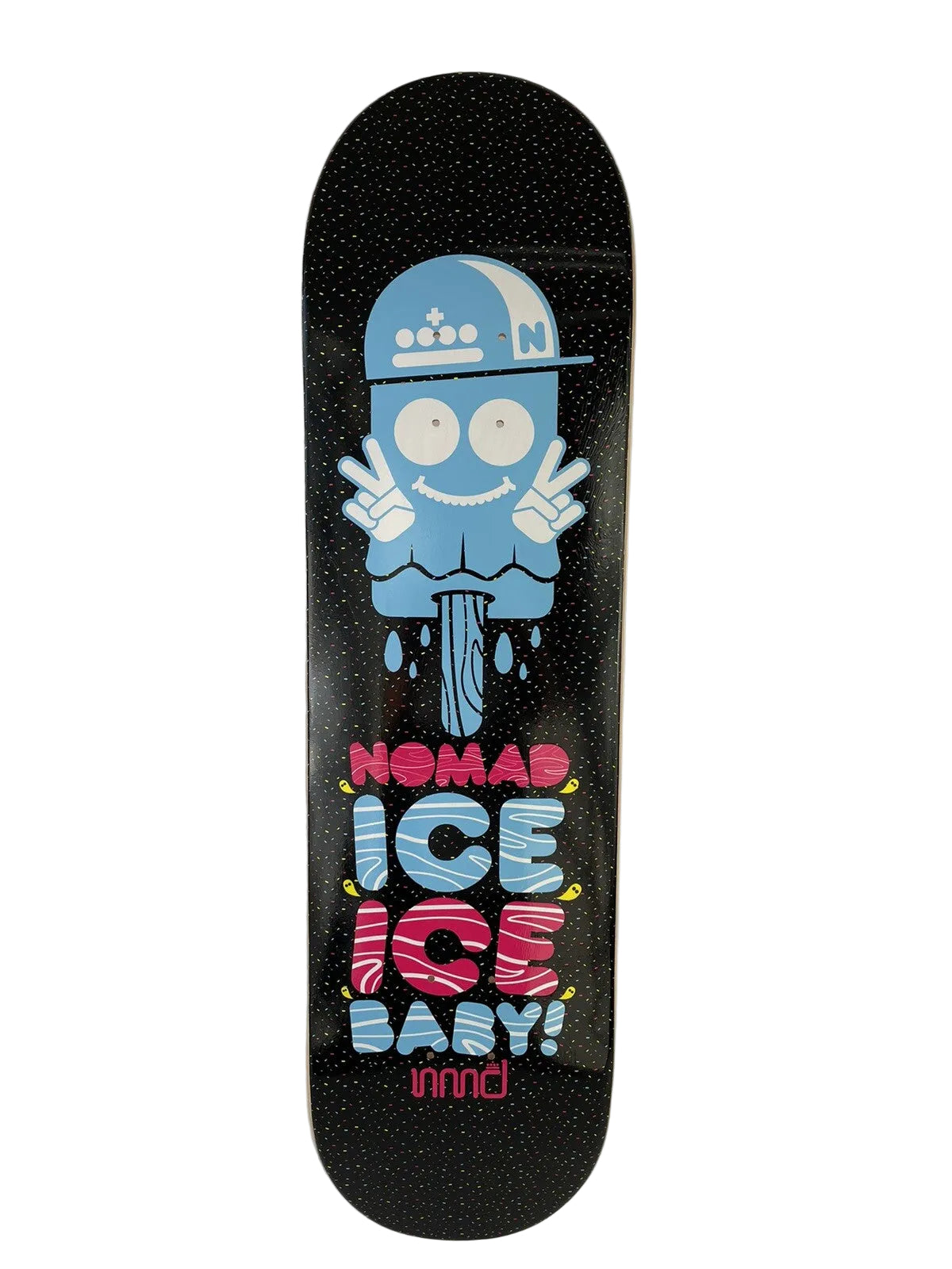Nomad Skateboards Ice Ice Baby 8.25-inch hard rock maple skateboard deck with grip tape and premium graphic artwork.