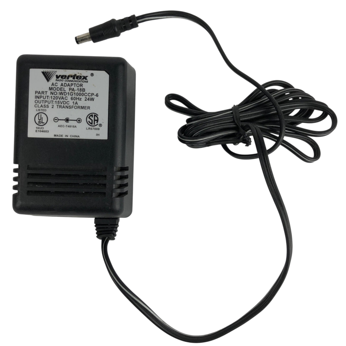 Vertex AC Adapter Model PA-18B 15VDC 1A Class 2 Transformer WD1G1000CCP-6 A11