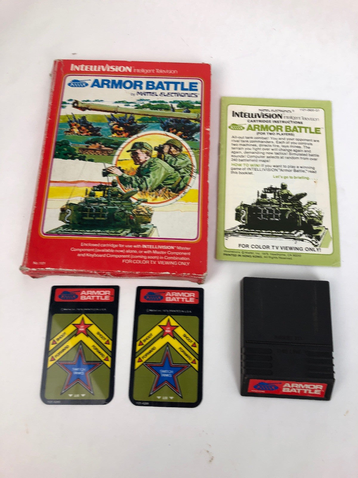 1979 MATTEL INTELLIVISION "ARMOR BATTLE" W/2 CONTROLLER OVERLAYS & INSTRUCTIONS!